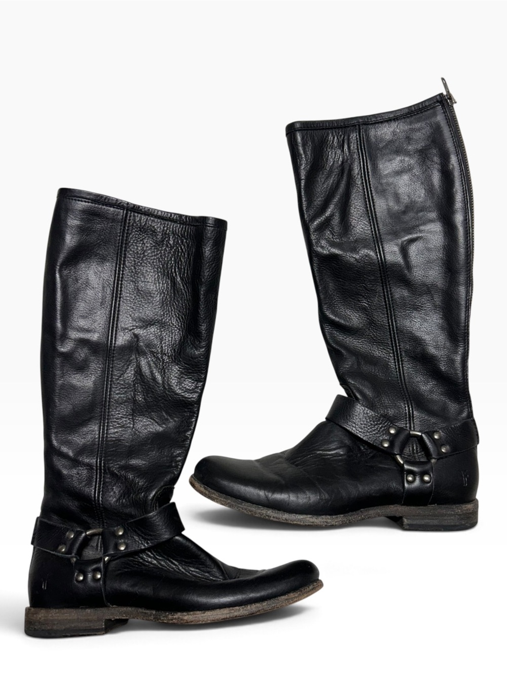 Frye black genuine leather tall harness boots size 8.5 leather lined